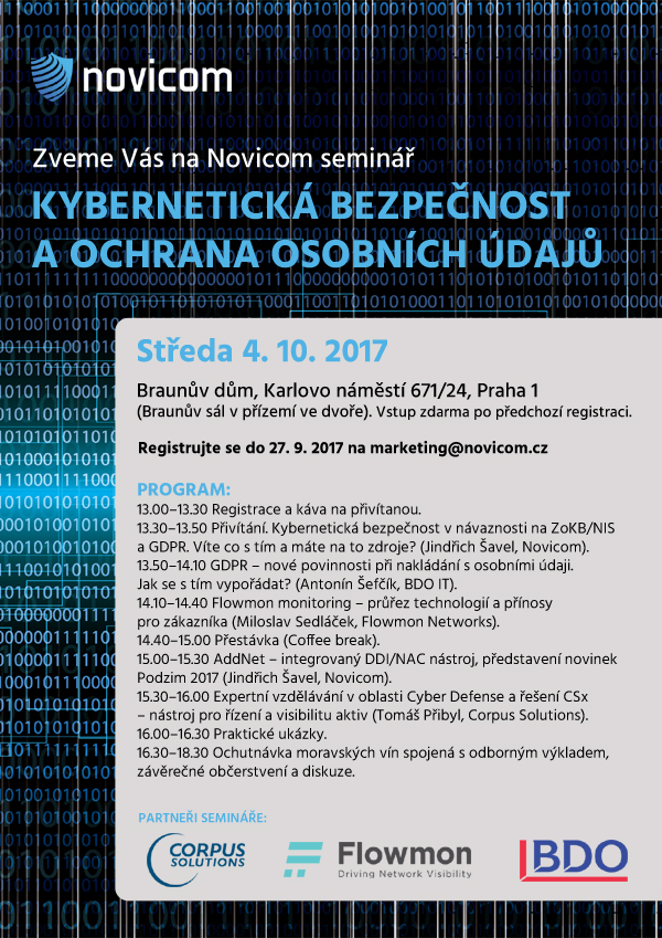 Pozvánka na Novicom seminář KYBERNETICKÁ BEZPEČNOST A OCHRANA OSOBNÍCH ÚDAJŮ