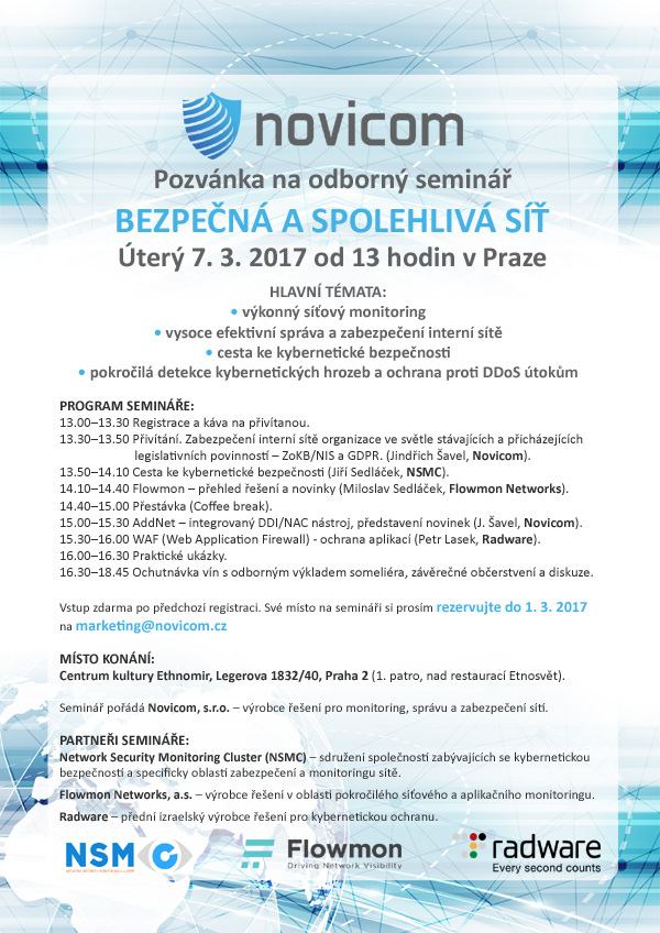 Novicom seminář BEZPEČNÁ A SPOLEHLIVÁ SÍŤ, Praha, 7. 3. 2017